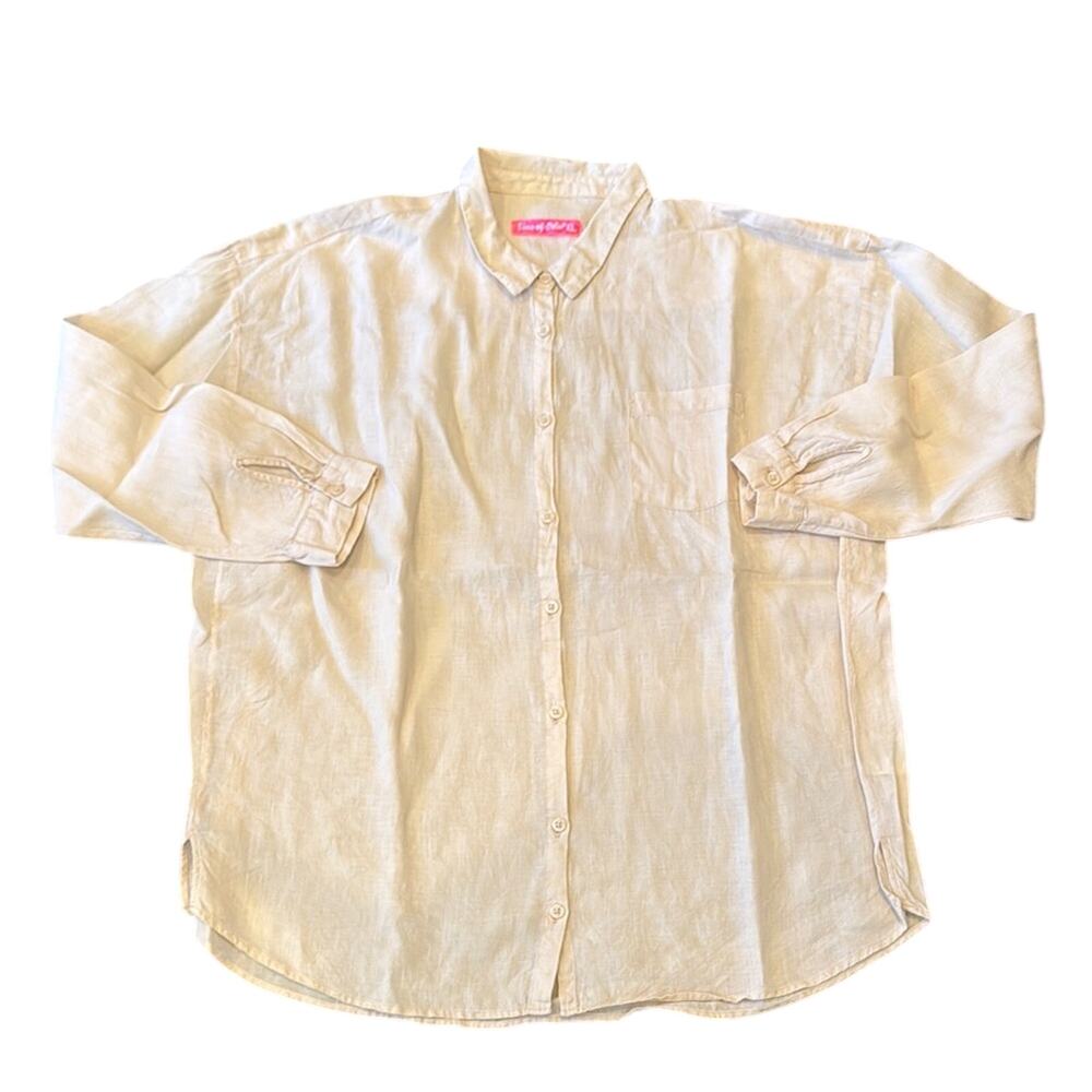 Line of Oslo 100% Linen Button Down Pocket Beige Shirt Top Size XL